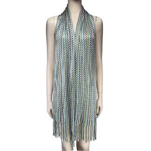 MISSONI Blue Green ZigZag Open Knit Fringe Scarf Wrap 15x70